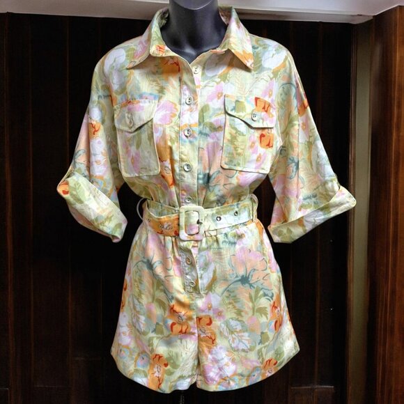 Lena Vibrant Floral‎ Print Roll Tab Sleeve Belted Romper - Picture 1 of 10